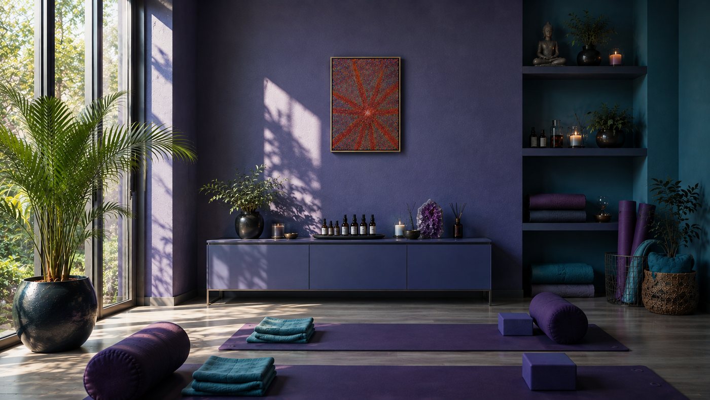 Akashic Chronicles I on a deep indigo meditation-room wall