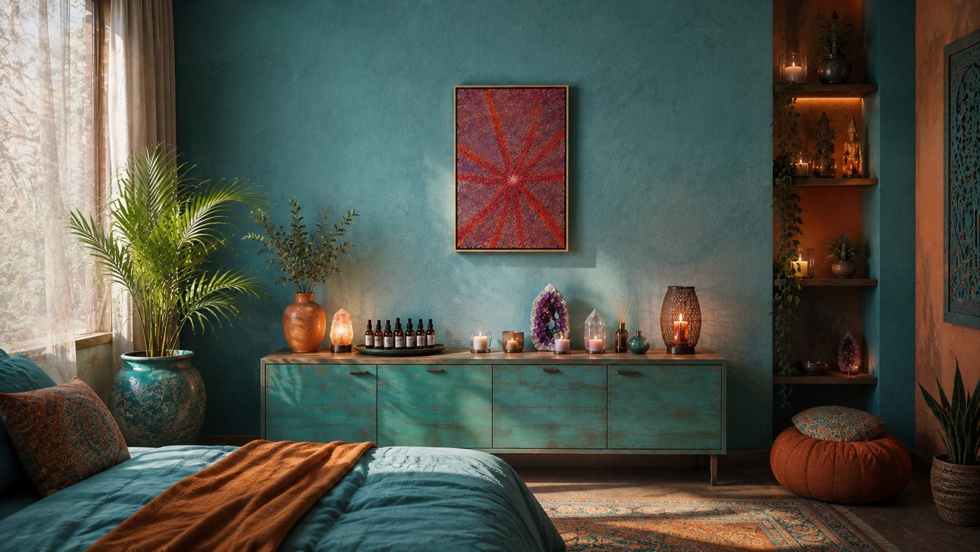 Akashic Chronicles I on a teal bohemian bedroom wall